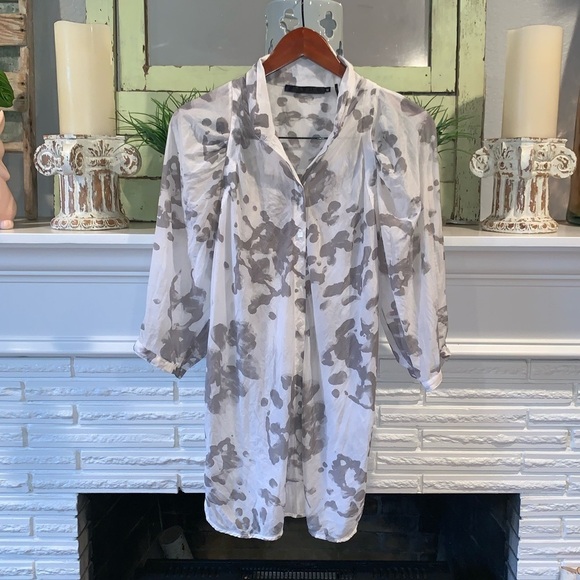L.A.M.B Gray White Puff Sleeve Button Down Silk Blend Tunic Blouse Size 12 - Picture 1 of 8